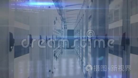 服务器中图标和连接网络、数据处理和数字信息的动画