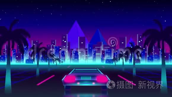 夜晚蓝粉色天空的道路动画