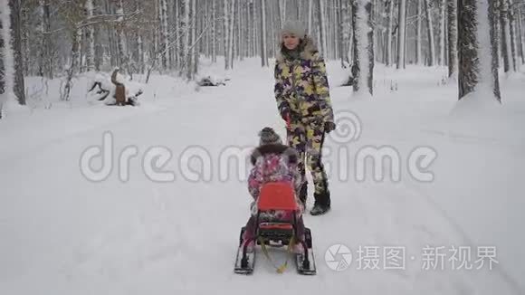 年轻的妈妈在雪橇上翻滚，一个小女孩，他们在一个冬天的公园里玩耍，那里长着很多高大的树。 两个女孩