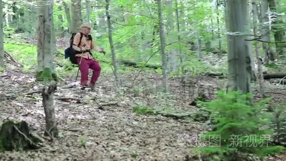 带着登山杖从山上下来的人视频