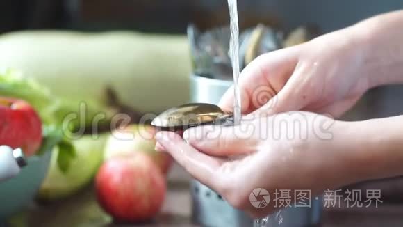 女人在厨房的水槽里洗餐具视频