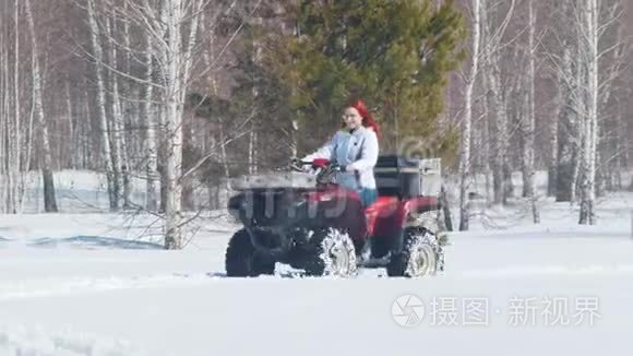 冬天的森林。 一个有姜发的女人骑着雪车
