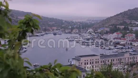 海岸上有房子的海景。 美丽的全景透过树梢..