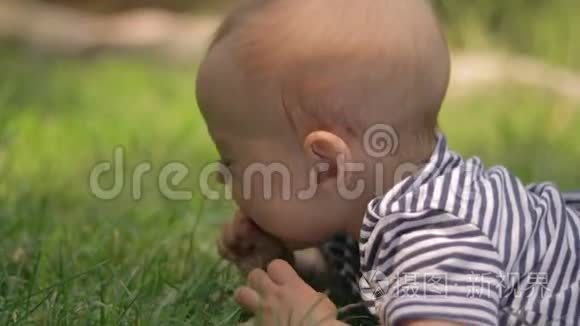 一个小孩子躺在草地上哭着特写视频