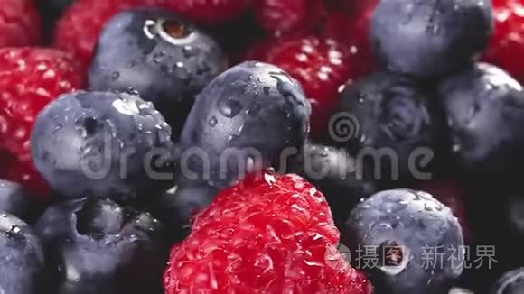 蓝莓和覆盆子的堆视频