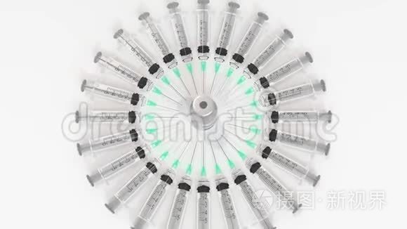 注射登革热疫苗和注射器。 概念医学三维动画