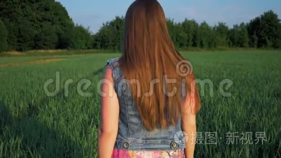 一个长着直发的年轻女孩在日落时分站在一片田野里。 慢动作