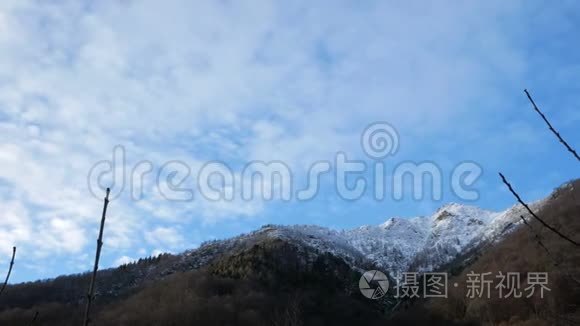 高山峰，光秃秃的树木，多云的天空