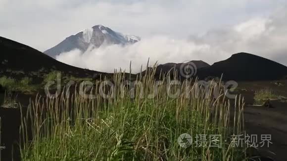 风在火山背景下刮起草来视频