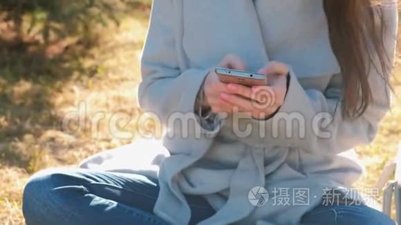 年轻漂亮的黑发女人坐在春天公园的草地上，用手机输入一条信息。 特写双手。