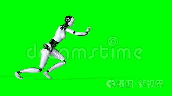 未来派人形女性机器人正在推动。 真实的运动和反射。 4K绿屏镜头..