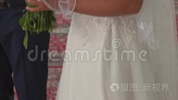 白色蕾丝礼服中的新娘面纱微笑视频