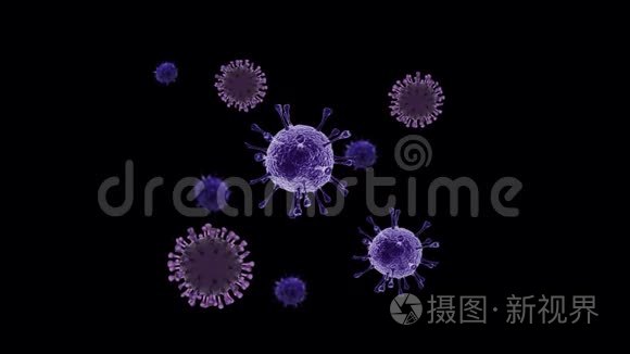 冠状病毒细胞在黑色背景上旋转视频