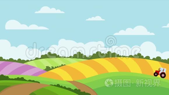 黄绿紫种植蓝天和缓慢移动的云田的景观插图背景