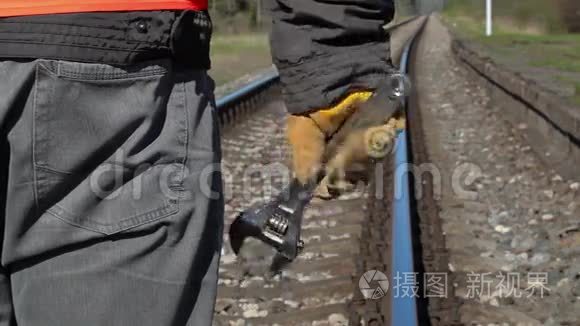 春季铁路上可调扳手的铁路工人视频