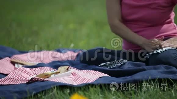 女人在毯子上准备餐巾纸和餐盘视频