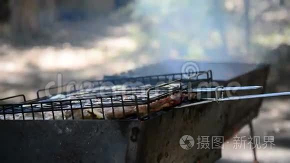 用燃烧的木头烤肉视频