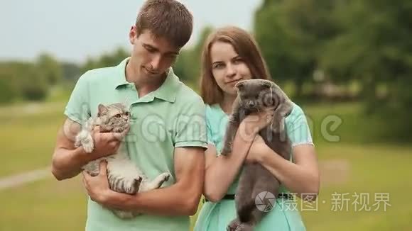 男人和女孩牵手苏格兰折叠猫和灰色英国猫。