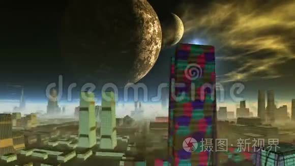 两颗行星和在外星城拍摄的星星