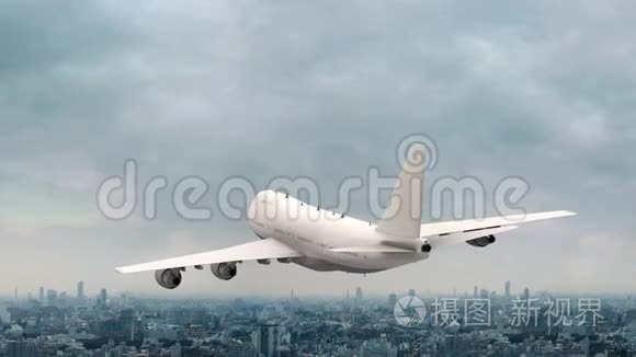 商业飞机飞越城市动画视频