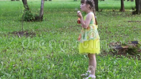 夏天，漂亮的小女孩在公园里吹泡泡