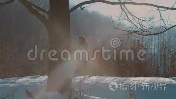活跃的退休夫妇在雪地里散步视频