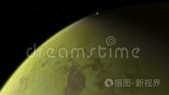 4K系外行星三维插图，浅绿色黄色多云行星从轨道。 酸性有毒沙漠元素