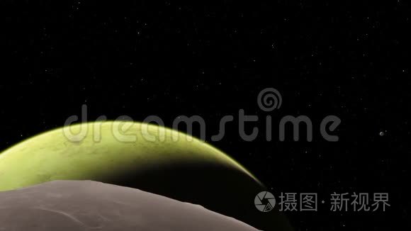 4K系外行星三维插图，浅绿色黄色多云行星从轨道。 酸性有毒沙漠元素