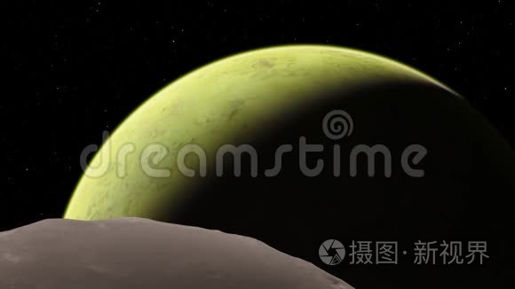 4K系外行星三维插图，浅绿色黄色多云行星从轨道。 酸性有毒沙漠元素