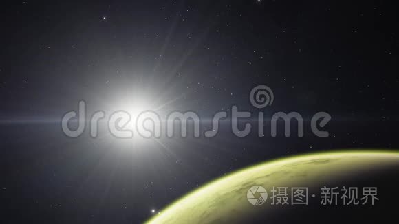 4K系外行星三维插图，浅绿色黄色多云行星从轨道。 酸性有毒沙漠元素