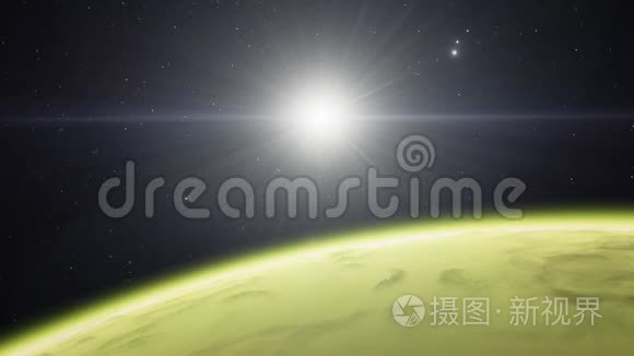 4K系外行星三维插图，浅绿色黄色多云行星从轨道。 酸性有毒沙漠元素