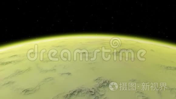 4K系外行星三维插图，浅绿色黄色多云行星从轨道。 酸性有毒沙漠元素