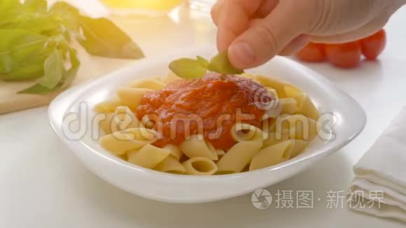罗勒叶被放在新鲜煮熟的自制意大利面与番茄汤。