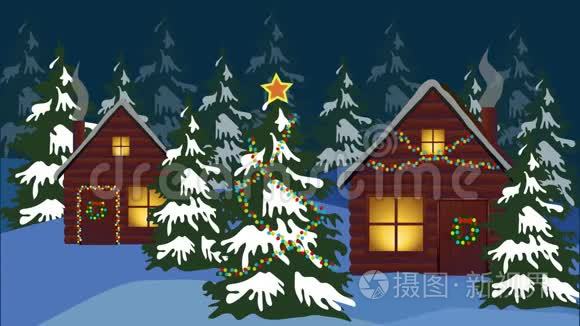 2D动画片，摄像机从圣诞树和为除夕装饰的房子上移向老人和圣诞老人