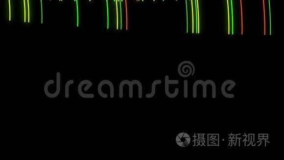 绿色霓虹灯流与条纹创意纹理。 动画。 抽象弯曲黑色的狭窄氖线