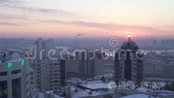 日落背景下的城市夜景视频