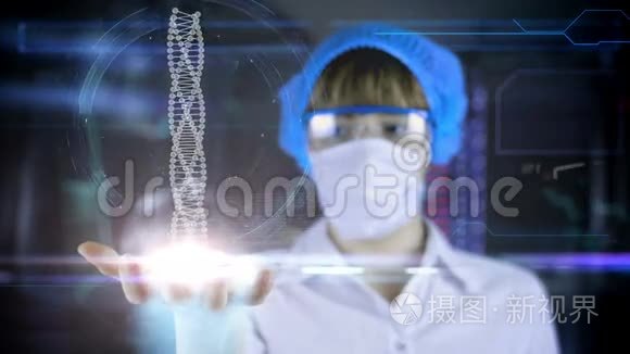 医生手里拿着未来主义的平板电脑。 DNA。 未来的医学理念..
