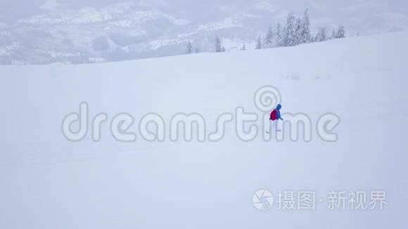 飞过一个孤独的旅游女孩，她走在一座被雪覆盖的山顶上。不舒服不友好