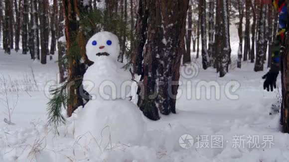 在松林造雪人，加入白雪，完成美丽的雪人
