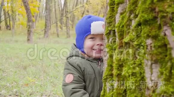 一个男孩在秋天公园玩耍并微笑的肖像