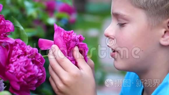 一个小可爱的宝宝轻轻地享受着花香.. 孩子拿起一朵花，吸入它的芬芳。 化名
