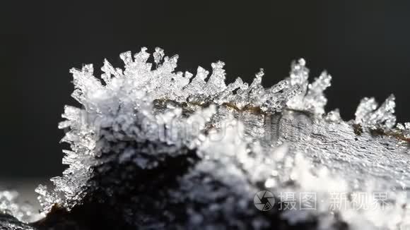 融化的海霜颗粒的宏观时间推移。 野生动物自然中春季改造的雄伟之美。 融化的雪