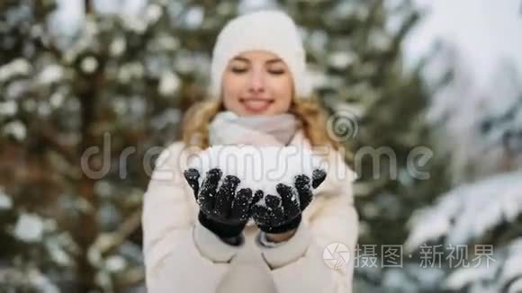 戴着冬帽的女人从手里吹下了雪视频