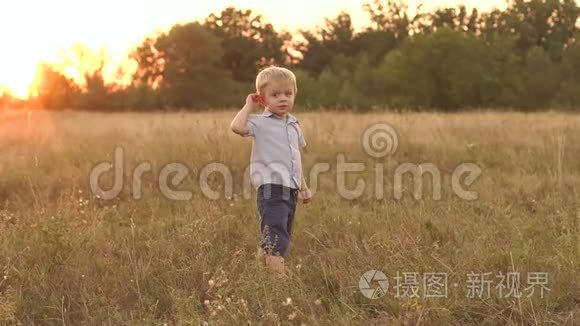 漂亮的小男孩跑过一片田野。
