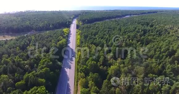 穿过绿色森林的道路鸟瞰图视频