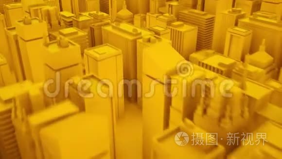 相机穿过抽象的黄色城市。 3D动画