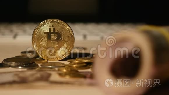 关闭键盘上的黄金比特币硬币和美元纸币背景。 选择性聚焦