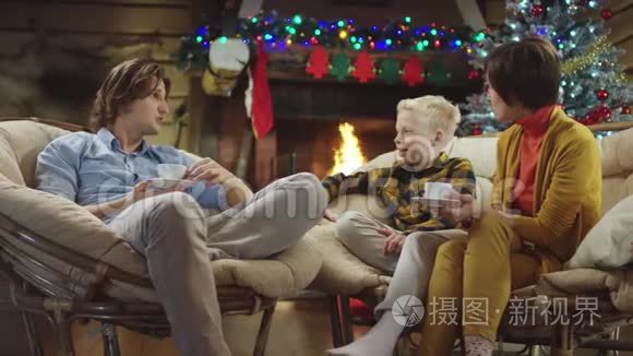 圣诞树和壁炉装饰的家庭对话视频