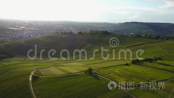 葡萄园山由无人驾驶飞机从上面飞过。 夕阳从绿色的乡村拍摄。 慢镜头移动