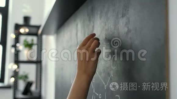 女生用粉笔在黑板上书写公式，接近20S4K。